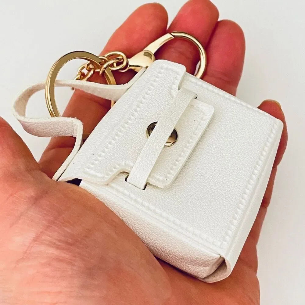 NWT White Pu leather & Gold Bag Purse opens Handbag Lobster Keyring Key holder